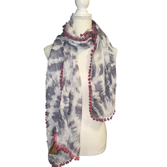 NATURAL LIFE Accessories - NATURAL LIFE Gray Tie-Dye Scarf with Pink Pom Trim